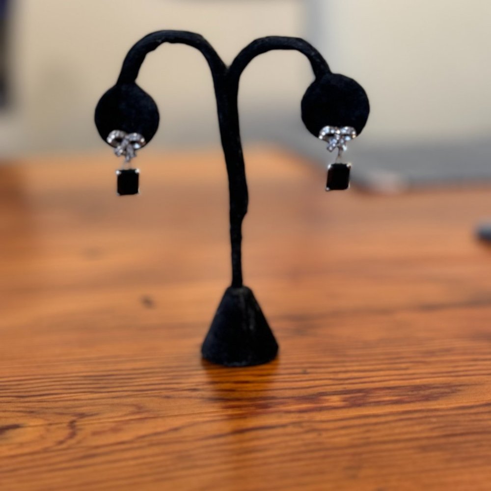 EARRINGS Black Onyx Cushion Cut Stone w/ Diamond Bow Accent